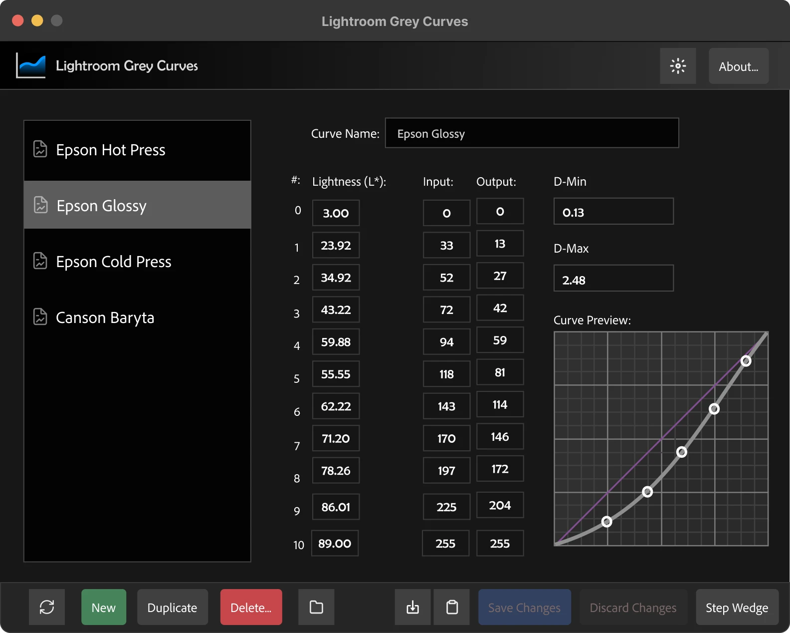 Lightroom Grey Curves App. Create better print greys after profiling our paper for black and white printing.