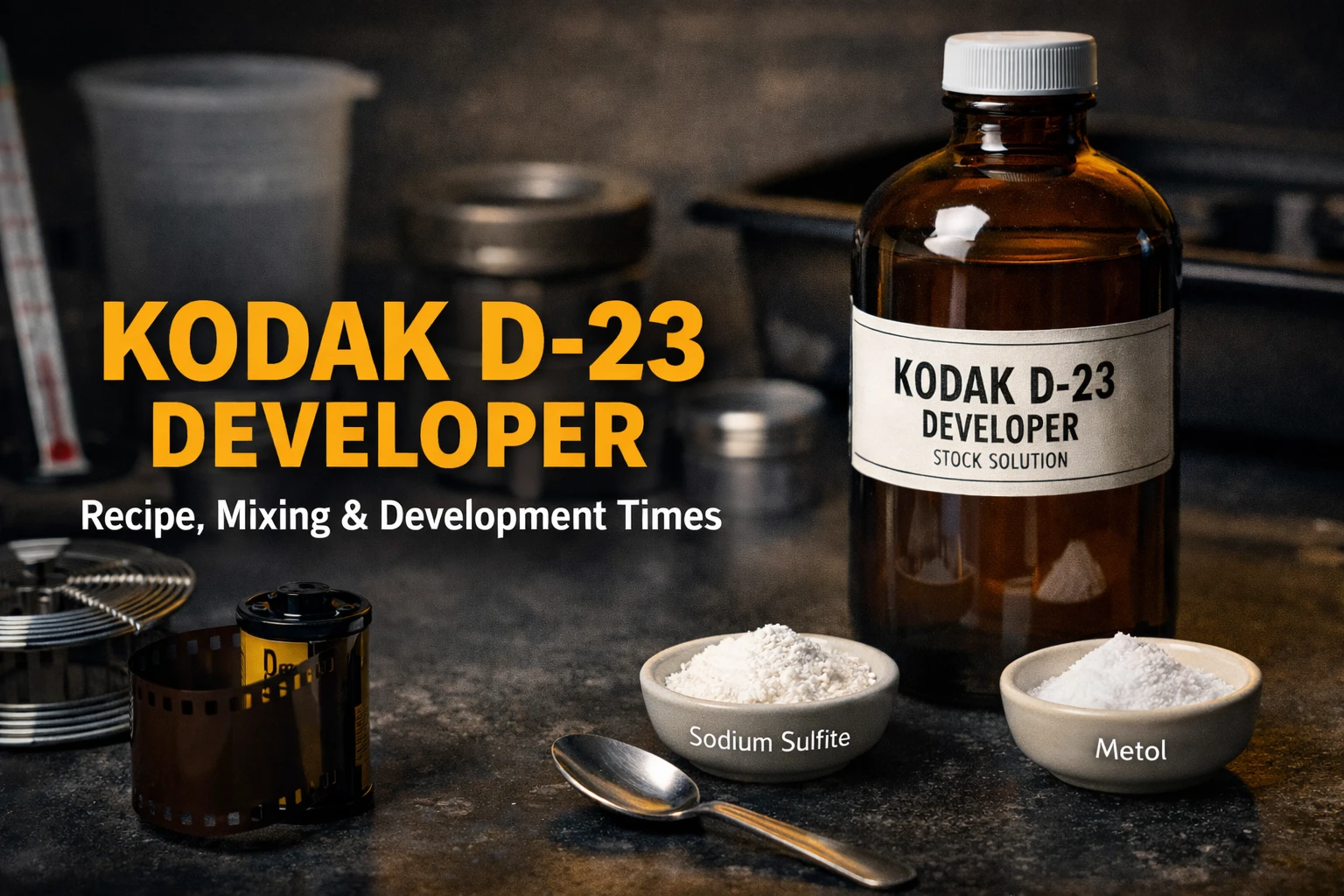 Kodak D-23 film developer with darkroom chemicals showing recipe, mixing and development guide