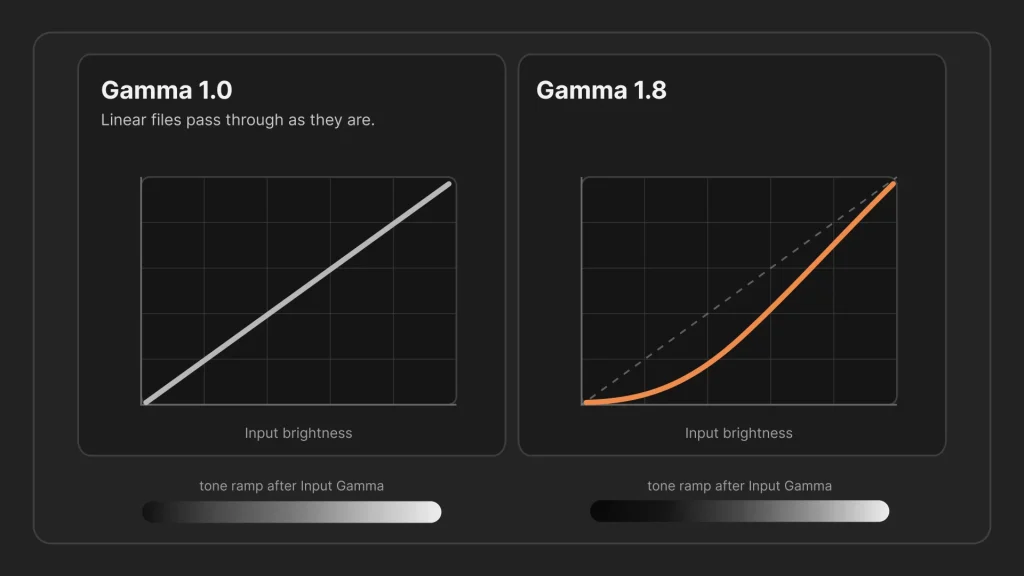 Understanding Input Gamma in DBW Linear Scans Graph showing Input Gamma curves 1.0 and 1.8, with gamma 1.0 as a straight diagonal line and higher gamma values curving below it.